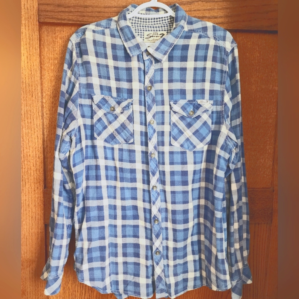 Blue and White Flannel by Seven 7 in Excellent Used Condition